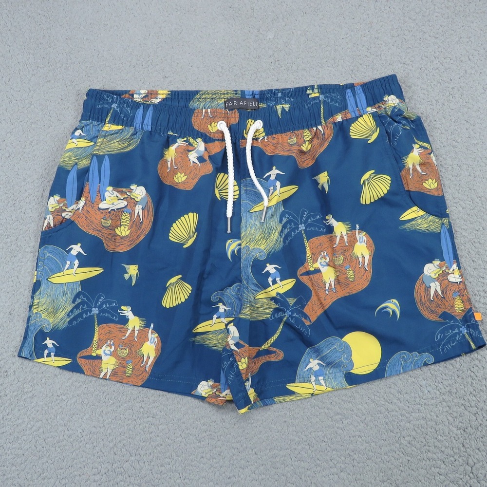 Far Afield Mens XXL Swim Trunks Blue Surfer Seashell Print Mesh Lined Shorts